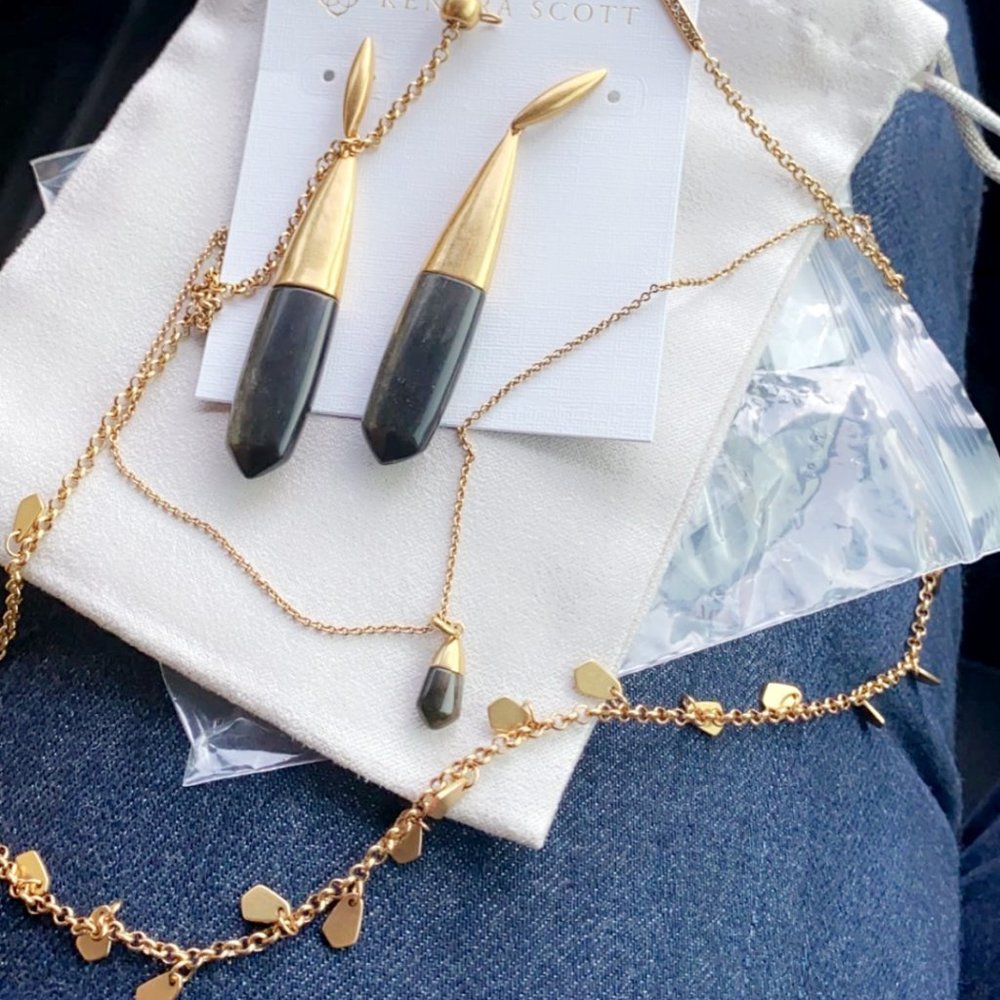 Freida Vintage Gold Drop Earrings & Necklace Set in Golden Obsidian